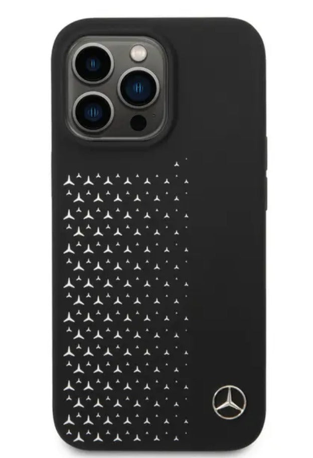 Mercedes-Benz iPhone 14 Pro Liquid Silicone Case with Gradient Star Horizontal Pattern - Black