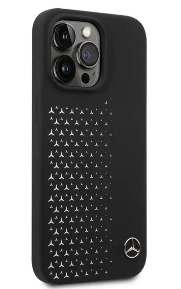 Mercedes-Benz iPhone 14 Pro Liquid Silicone Case with Gradient Star Horizontal Pattern - Black