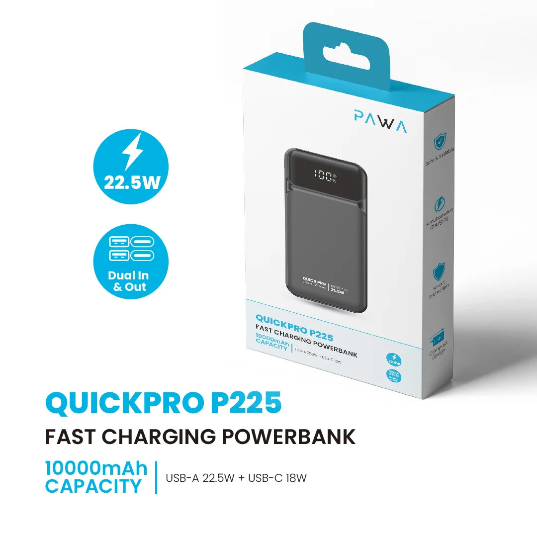 PW-PBQP10TT-BK | PAWA QuickPro P225 Fast Charging Powerbank With 10000mAh | Black