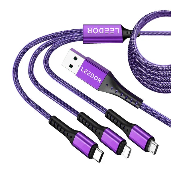 LD-009Q كابل مضفر 3 في 1 من ليدور بطول 3 أمتار وقوة 60 واط، أرجواني