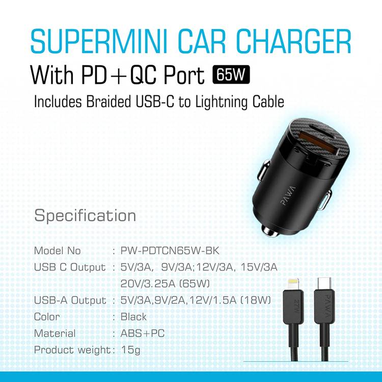 PW-PDTCN65WL-BK , Pawa Supermini Dual Port Car Charger 65W with braided Type-c to Lightning cable-black