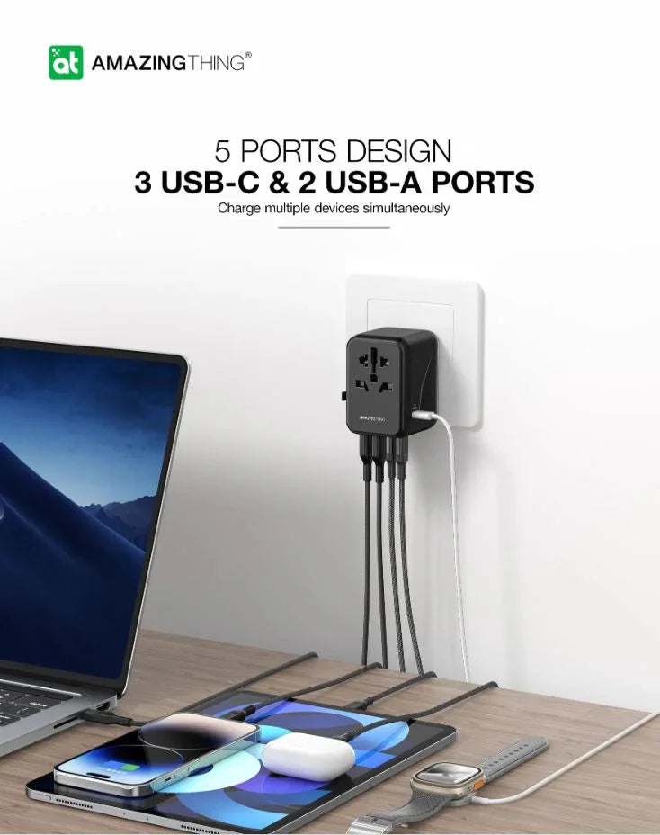 AMAZINGTHING، محول سفر AT EXPLORER PRO PD35W 2A+3C، أسود، PD035WBK