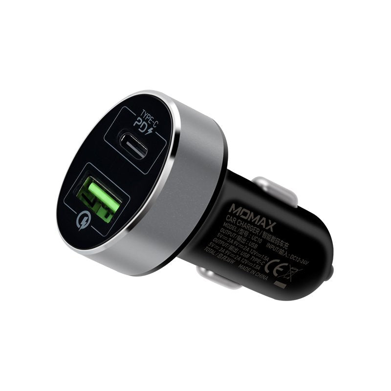 Momax UC10 Dual-Port QC3.0 with Type-C PD Fast Car Charger - Blue