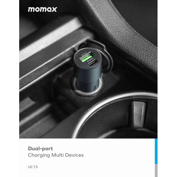 Momax UC15 38W Mini Aluminum Car Charger PD + QC 3.0 - Grey