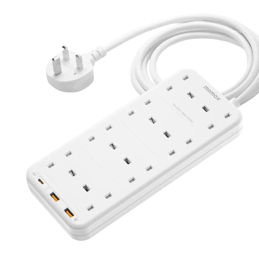 موماكس – مشترك 8 مخارج + 3 منافذ للشحن ( منفذين USB + منفذ تايب سي) – أبيض