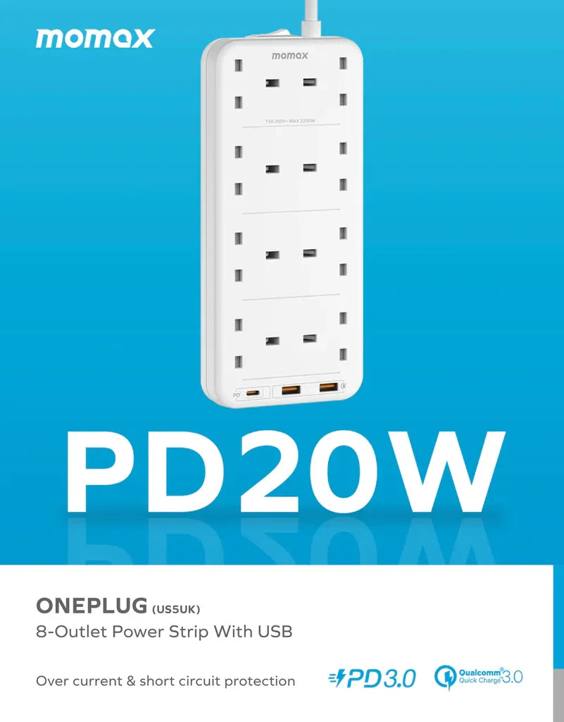 موماكس – مشترك 8 مخارج + 3 منافذ للشحن ( منفذين USB + منفذ تايب سي) – أبيض