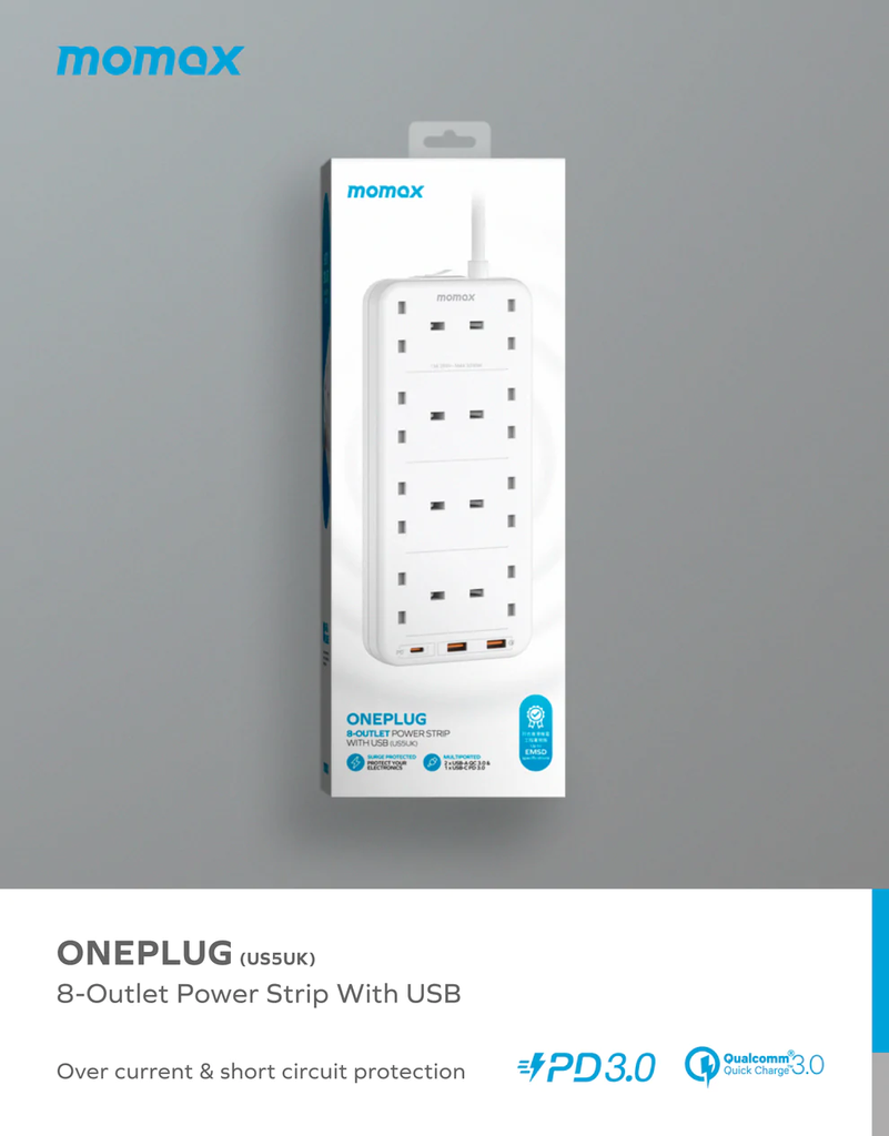 Momax ONEPLUG PD20W 2A1C 8 outlet strip - White