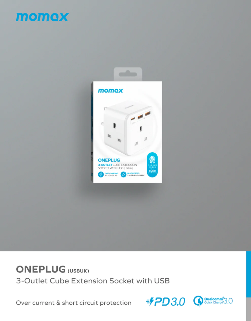 Momax ONEPLUG PD20W 2A1C 3outlet strip US8UKW - White