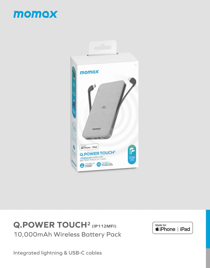 Momax Q.Power TOUCH 2 Wireless Charging Power Bank 10000mAh - Light Grey