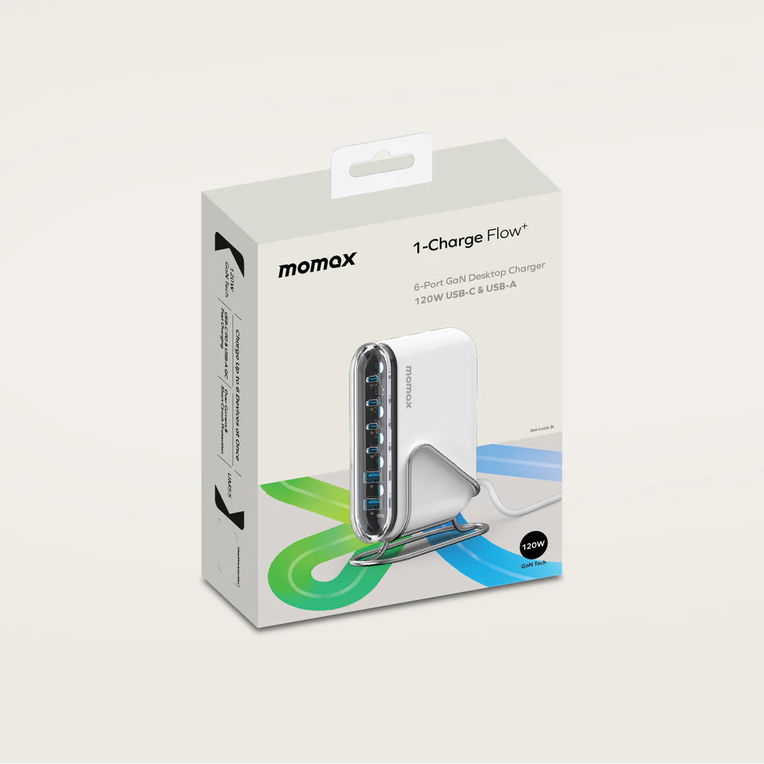 momax Charge Flow+PD 120W GaN Desktop Charger[6 ports] - UK PLUG White UM55UKW1