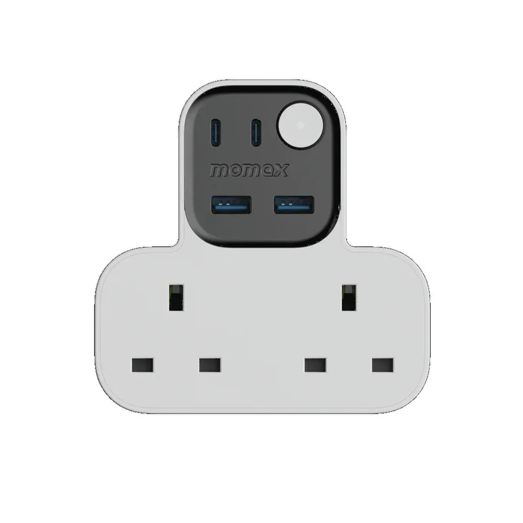 US17UKW | موماكس، وصلة عمل على شكل حرف T، بشحنة واحدة، بمقبسين مع منفذ USB | أبيض
