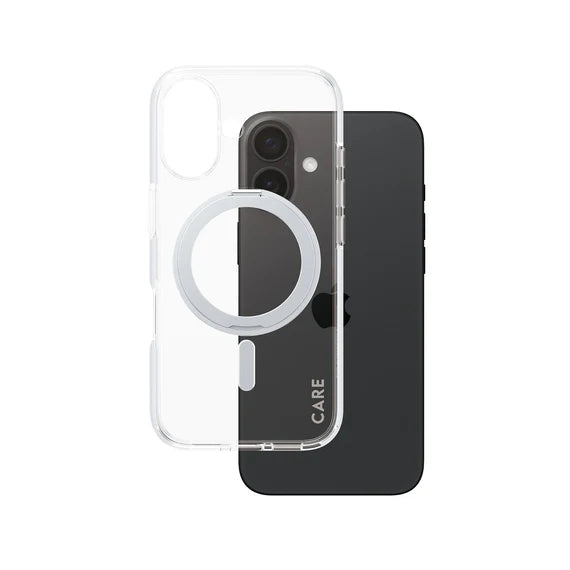 CARE™ by PanzerGlass® Case Transparent w. Silver Kickstand & MagSafe iPhone 16