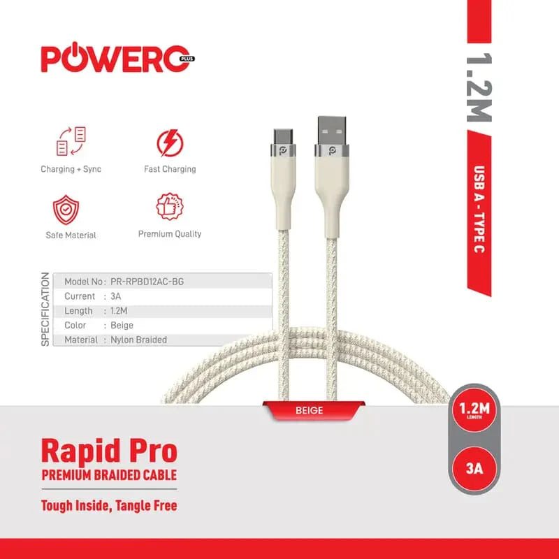 PR-RPBD12AC-WH | PowerO+ Rapid Pro Premium Braided Cable USB-A to C | 1.2M | White