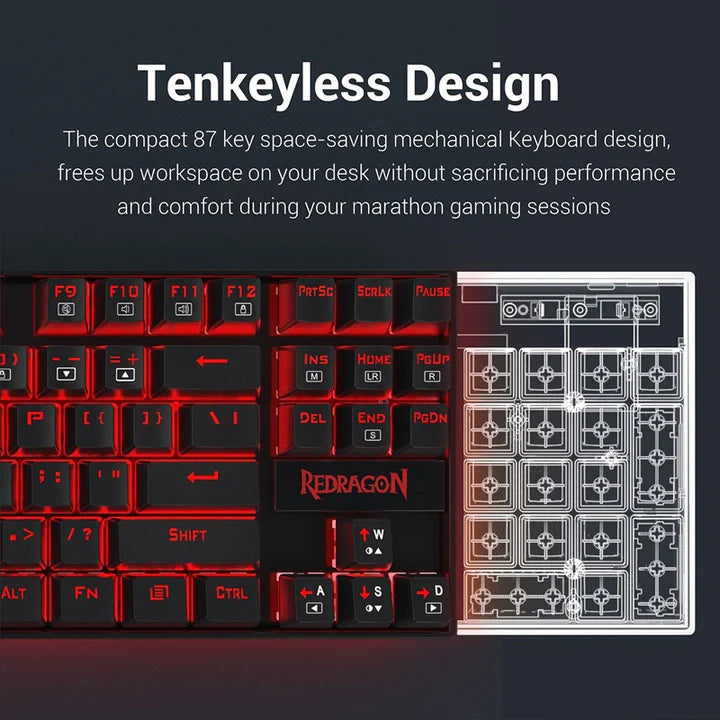 Redragon Kumara K552 Mechanical 60% TKL RED Backlit Gaming Keyboard - Black