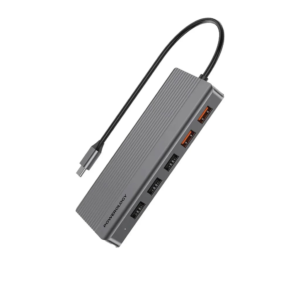 موزع USB-C 12 في 1 من Powerology مزود بمنفذ HDMI من النوع C بقوة 100 واط ومنفذ PD ومنفذ Ethernet ومنفذ VGA ومنفذ USB SD ومنفذ MicroSD ومنفذ AUX - داكن