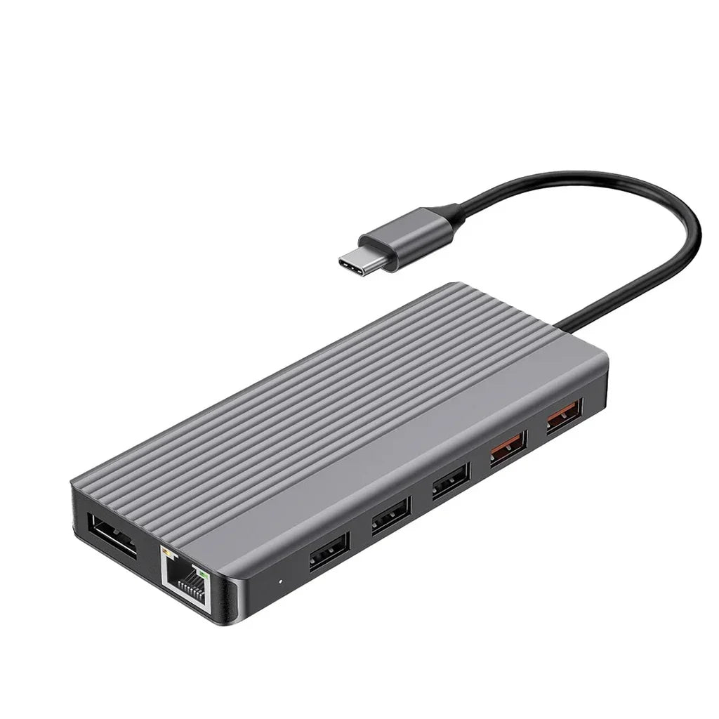 موزع USB-C 12 في 1 من Powerology مزود بمنفذ HDMI من النوع C بقوة 100 واط ومنفذ PD ومنفذ Ethernet ومنفذ VGA ومنفذ USB SD ومنفذ MicroSD ومنفذ AUX - داكن