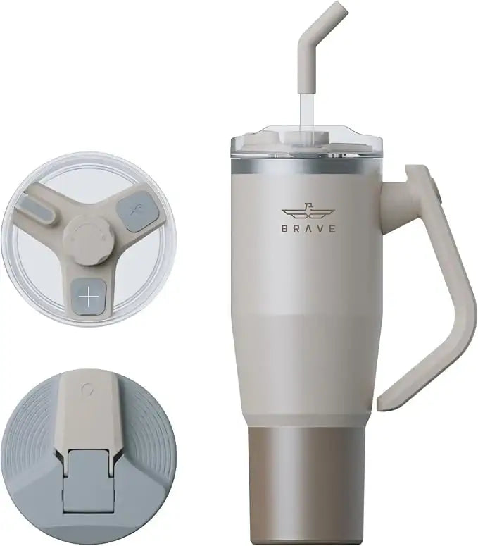 18008, BT-02BE , Brave Temp Guard Vacuum Insulated Travel Mug – 180° Rotating Handle, 24H Cold & 12H Hot Retention, Leak-Proof Lids, 950ml - Beige - GulfStore.com
