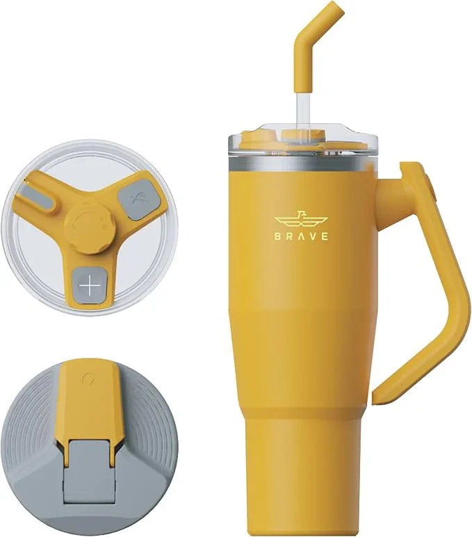 17999, BT-01YE , Brave Temp Guard Vacuum Insulated Travel Mug – 180° Rotating Handle, 24H Cold & 12H Hot Retention, Leak-Proof Lids, 1200ml - Yellow