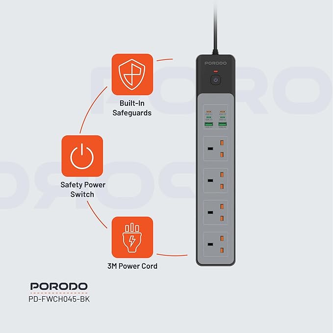 PD-FWCH045 | Porodo 4AC 65W 3000W Power Strip | Black
