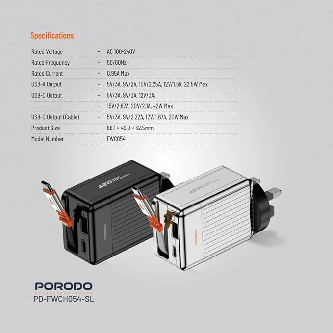PD-FWCH054 | Porodo 75cm Retractable Type-C Super Quick GaN Charger | Black
