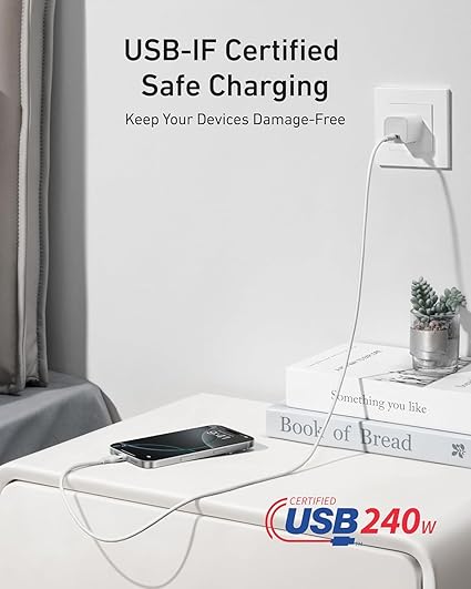A82E2021 | كابل أنكر نانو USB-C إلى USB-C | 240 واط | 3 أقدام / 0.9 متر | معاد تصنيعه - مضفر | أبيض