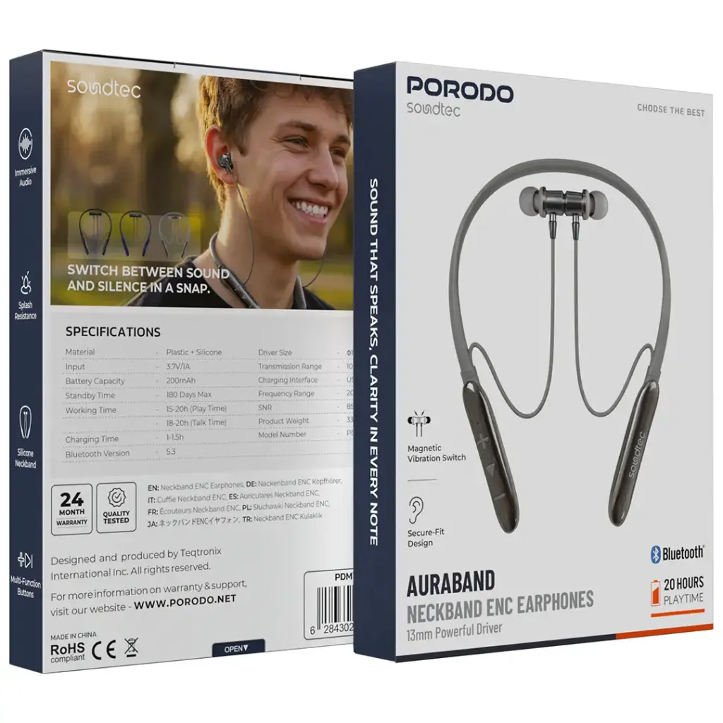 PDMT30 | Porodo Auraband Neckband ENC Earphones | Silver - GulfStore.com