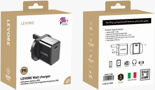 شاحن حائط Levore 25 وات 1XUSB-C محول شحن سريع - أسود - LGW111-BK
