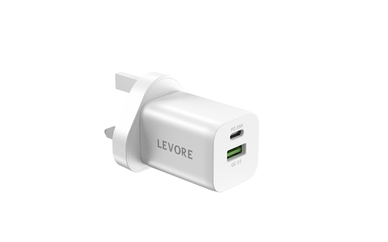 Levore Wall Charger 33W 1XUSB-C PD and 1XUSB-A QC3 Port - White - LGW121-WH