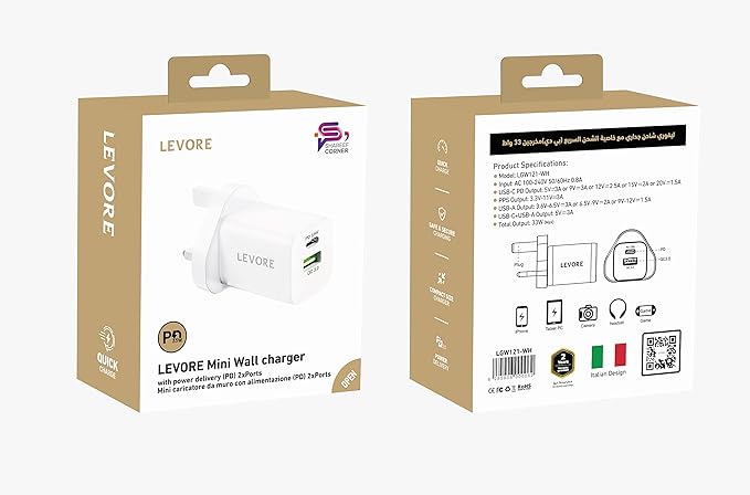 Levore Wall Charger 33W 1XUSB-C PD and 1XUSB-A QC3 Port - White - LGW121-WH