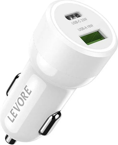 شاحن سيارة Levore 51 وات 1XUSB-C PD و1XUSB-A QC3 - أبيض - LGC121-WH