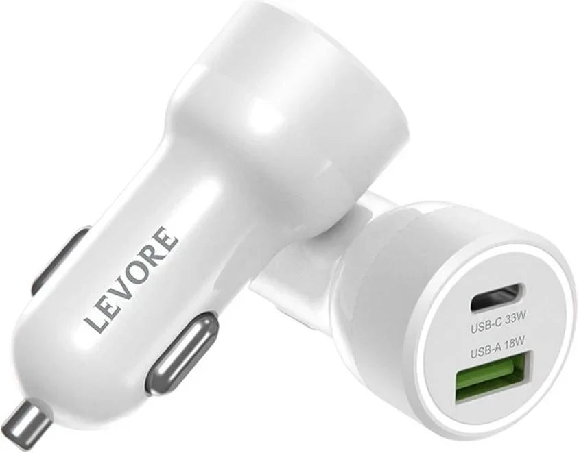 شاحن سيارة Levore 51 وات 1XUSB-C PD و1XUSB-A QC3 - أبيض - LGC121-WH