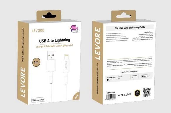 Levore - كابل USB-A إلى Lightning، معتمد من MFI، 1.0 متر - أبيض - LCS111-WH