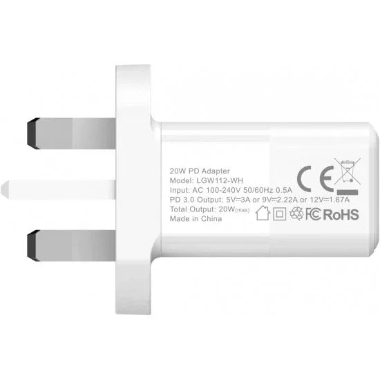 شاحن حائط Levore 20 وات 1XUSB-C محول شحن سريع - أبيض - LGW112-WH
