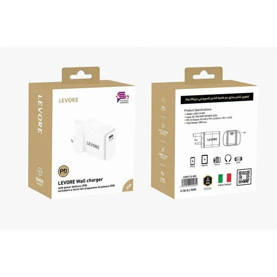 شاحن حائط Levore 20 وات 1XUSB-C محول شحن سريع - أبيض - LGW112-WH