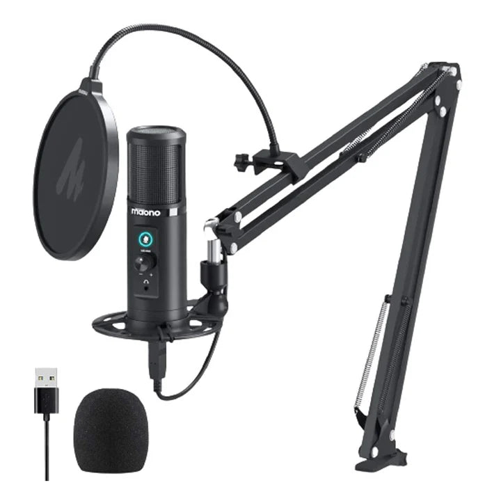 Maonocaster AU-PM422 USB Microphone Stand With Zero Latency Monitoring Professional Cardioid Condenser Microphone with Touch Mute Button and Mic Gain Button for Recording, Podcasting - Black