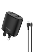 Pawa Dual USB Port Auto-ID Wall Charger 2.4A UK with Type-C Cable PW-24AIUKC-BK - Black