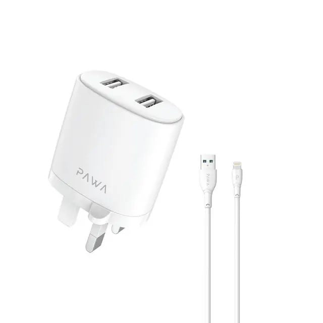 Pawa Solid Travel Charger Dual USB Port 2.4A With Lightning Cable PW-24AIUKL-WH - White