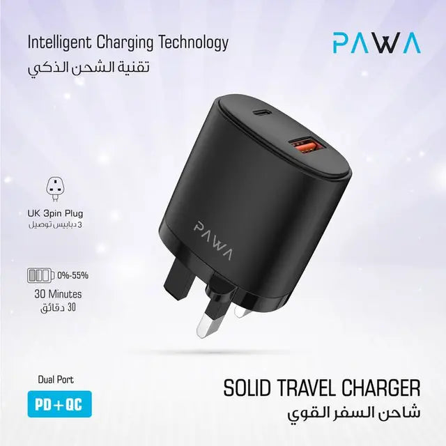 pawa Solid Travel ChargerUK PD 20W+ QC Black PW-PDQC3UK-BK,