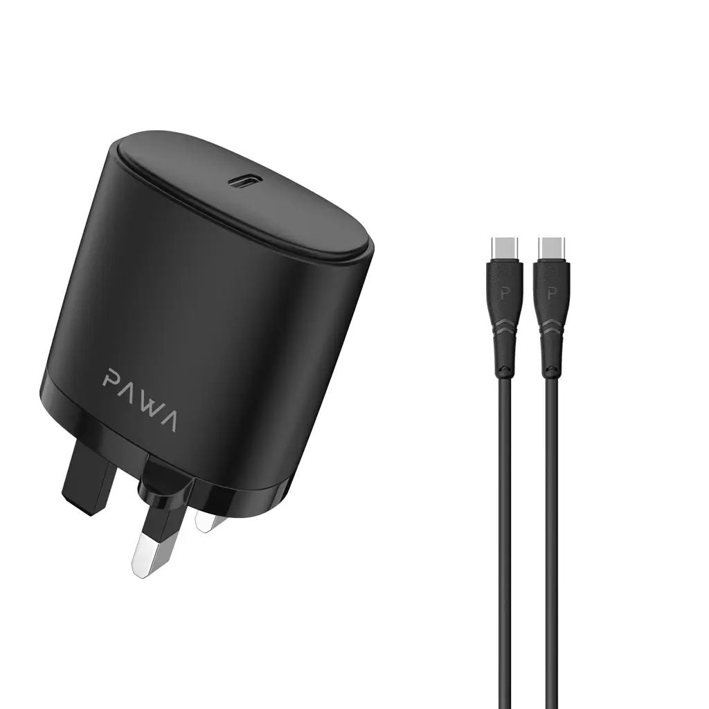 Pawa Single PD Wall Charger 20W UK with Type-C to Type-C Cable PW-PDUKCC-BK - Black