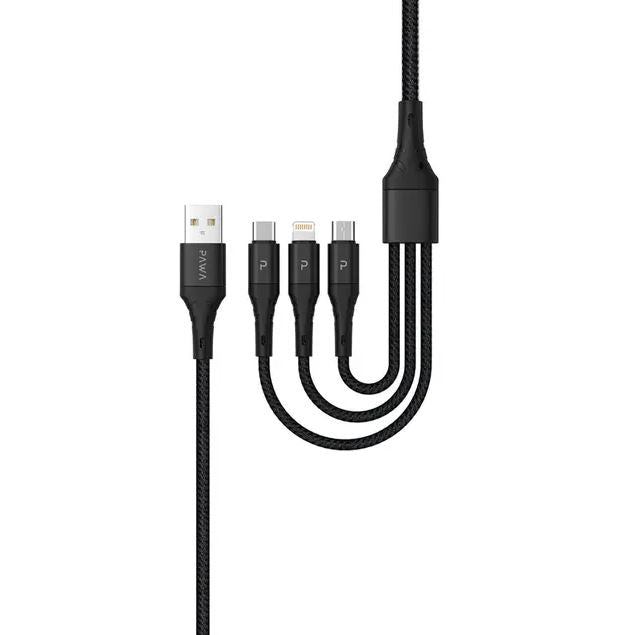 Pawa-PW-12BD3IN1-BK,Data Cable Braided 1.2 Meter USB-C To USB-C+Lightning+MicroBlack