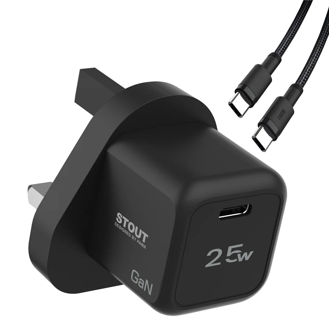 Pawa Stout Gan Travel Charger With Single PD Port 25 W , Type C To C Cable - Black PW-GN25UKTT-BK
