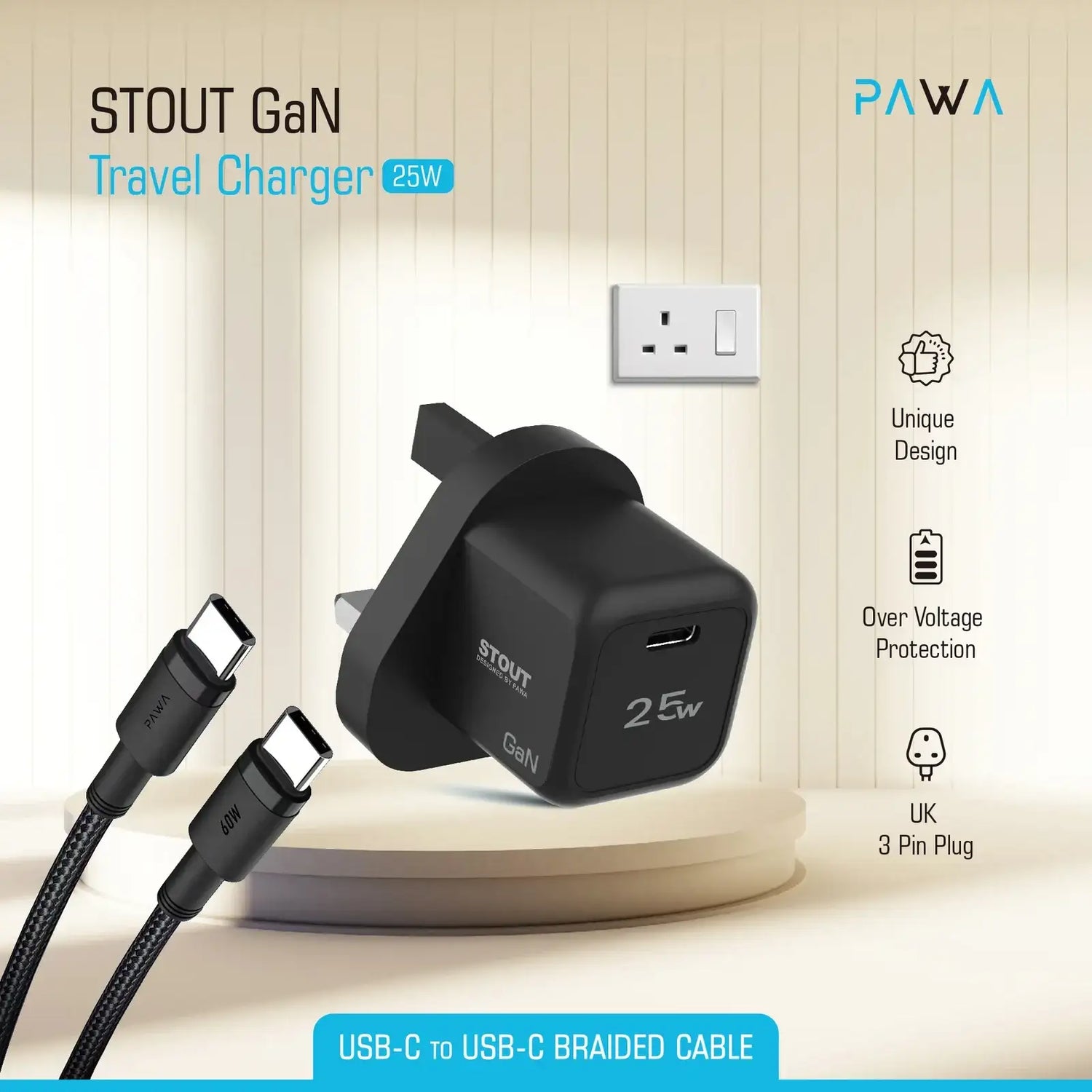 Pawa Stout Gan Travel Charger With Single PD Port 25 W , Type C To C Cable - Black PW-GN25UKTT-BK - GulfStore.com