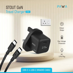 Pawa Stout Gan Travel Charger With Single PD Port 25 W , Type C To C Cable - Black PW-GN25UKTT-BK - GulfStore.com