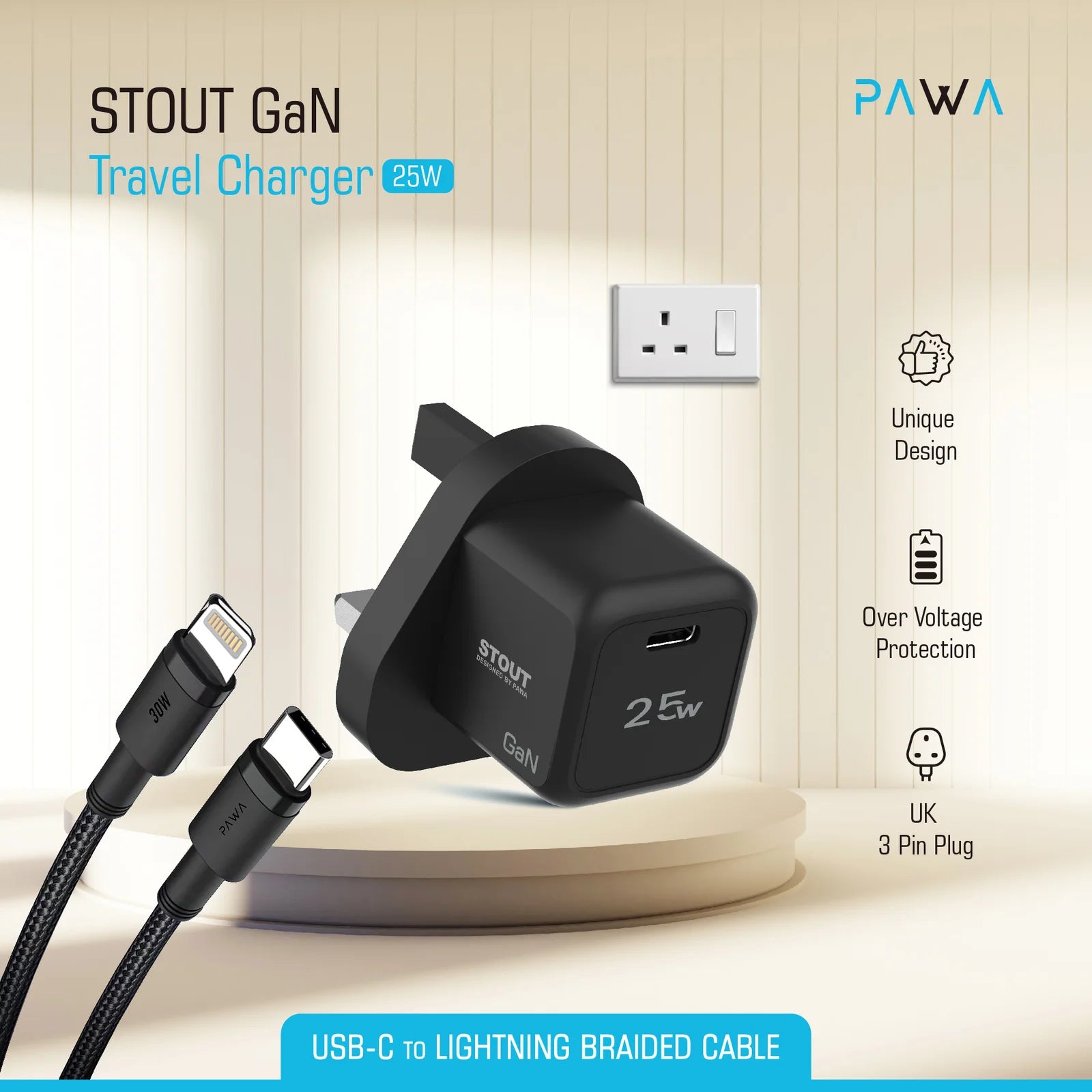 Pawa stout 25 GaN travel charger 25w TYPE C TO LIGHTNING PW-GN25UKTL-BK