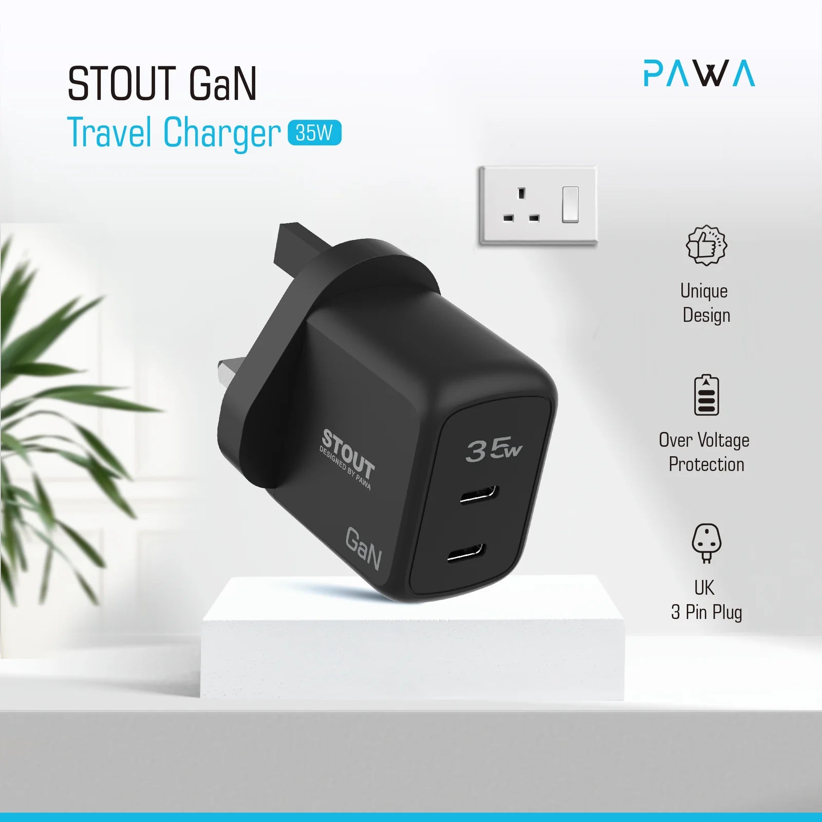 Pawa Stout Gan Travel Charger with Dual PD Port 35W-Black PW-GN35UK-BK
