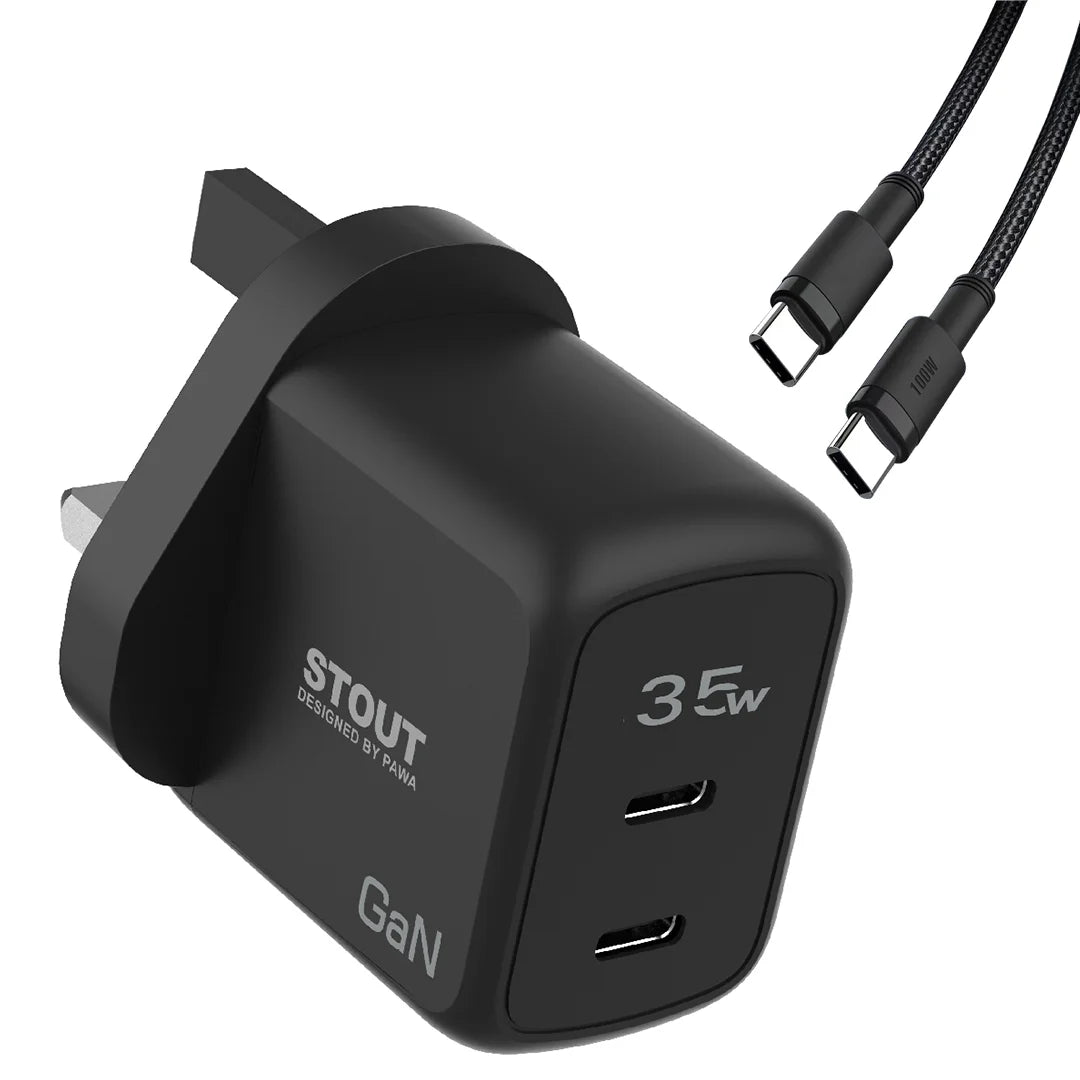 Pawa Stout Gan Travel Charger With Single PD Port 35W Type-c to c-Black PW-GN35UTT-BK