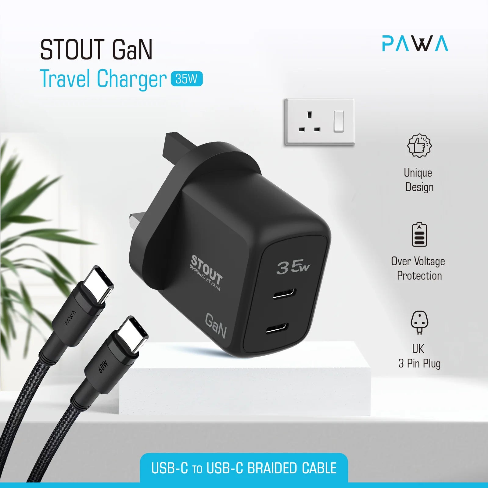 Pawa Stout Gan Travel Charger With Single PD Port 35W Type-c to c-Black PW-GN35UTT-BK