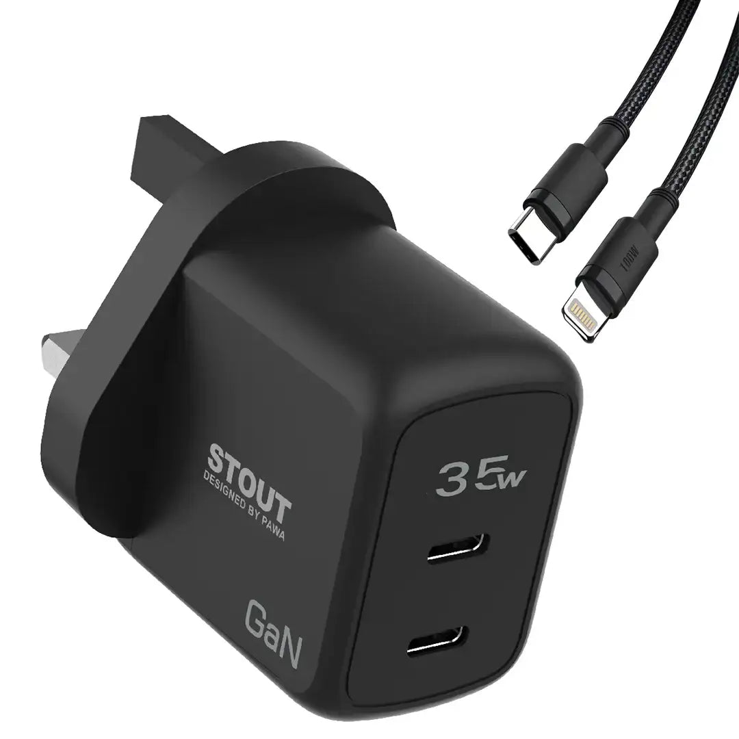 Pawa Stout Gan Travel Charger With Single PD Port 35W-C to lighting -Black PW-GN35UKTL-BK - GulfStore.com