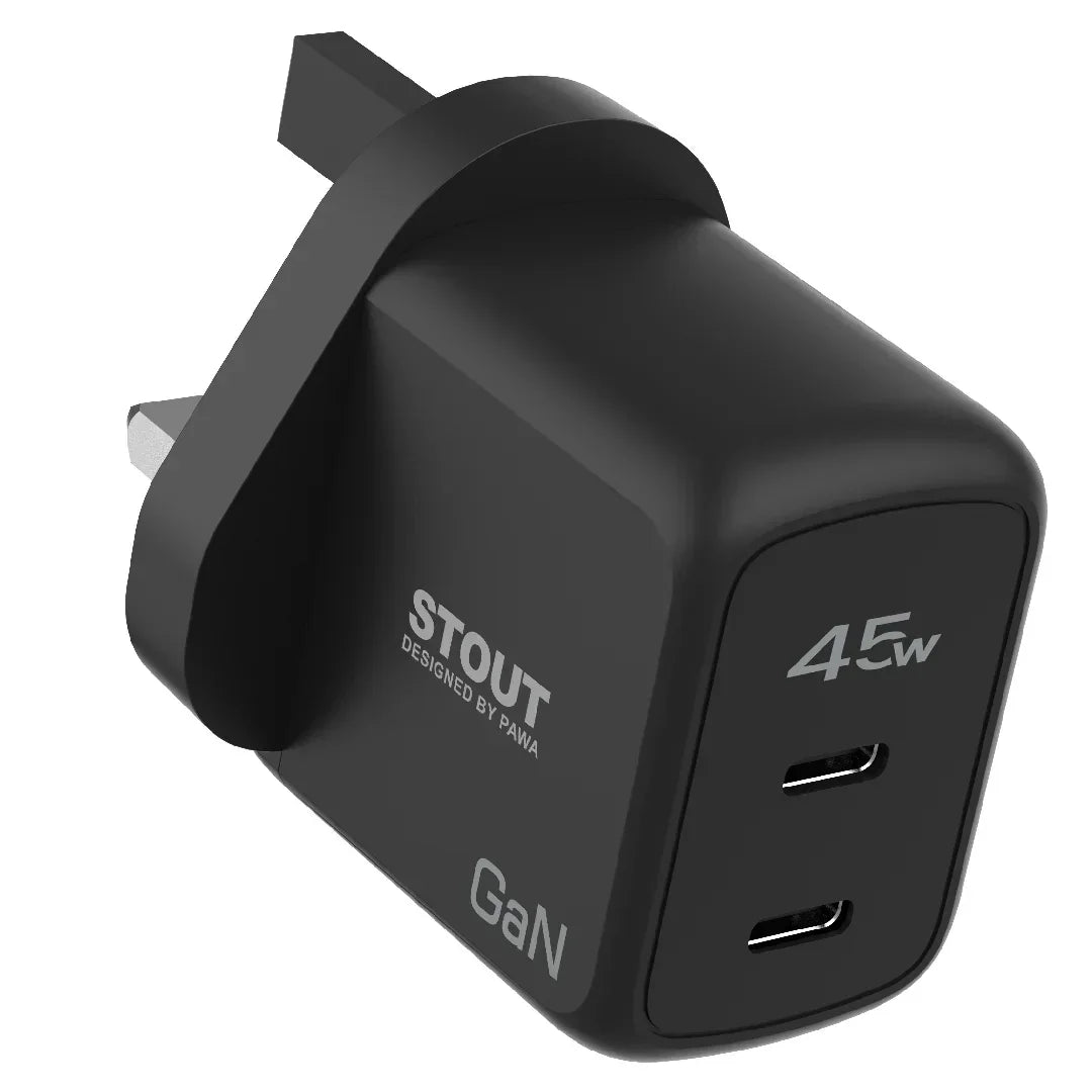 Pawa Stout Gan Travel Charger With Dual PD Port 45W-Black PW-GN45UK-BK