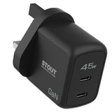 Pawa Stout Gan Travel Charger With Dual PD Port 45W-Black PW-GN45UK-BK